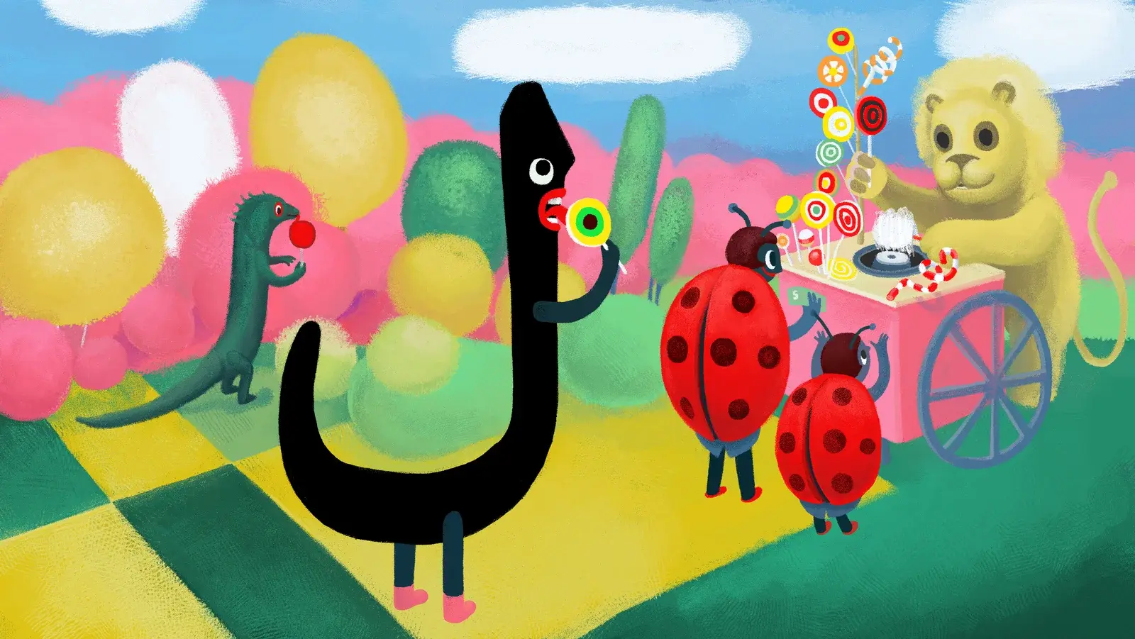 Arabic letter lam as a cartoon character holding a lollipop