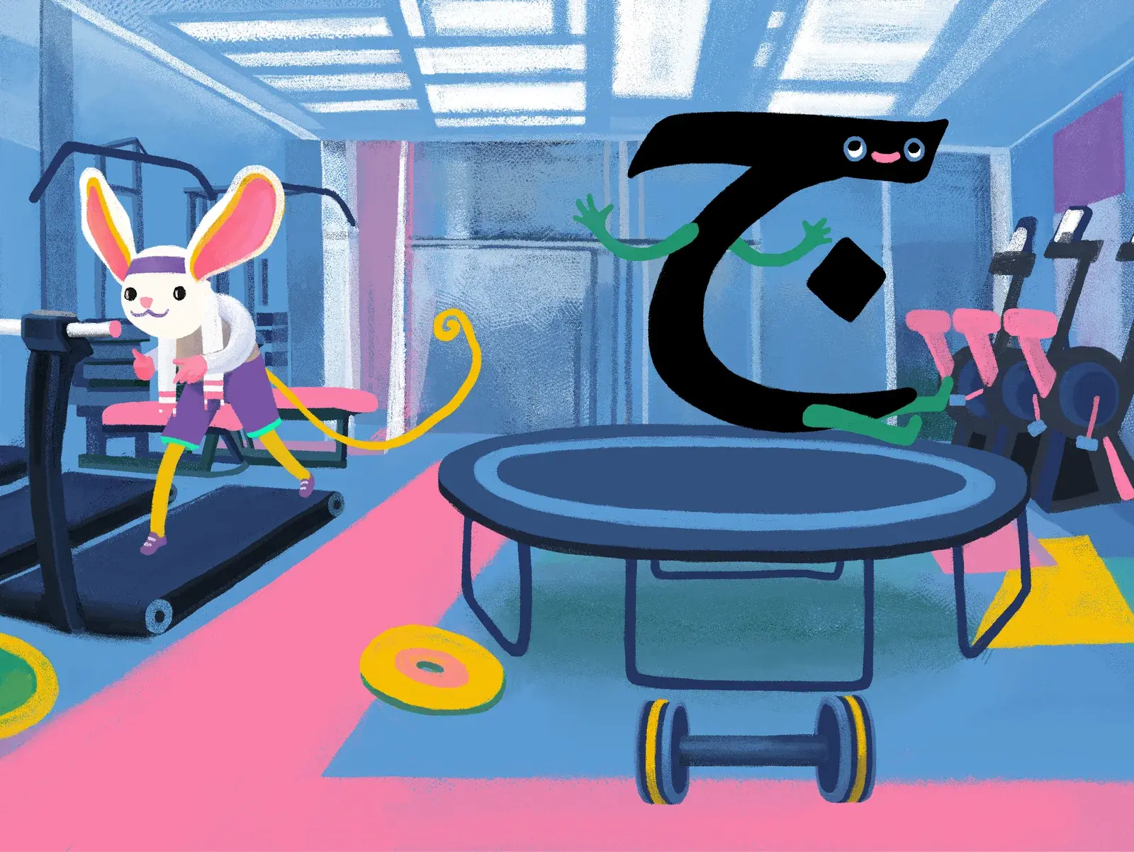Arabic letter jeem as a cartoon character jumping in a gym
