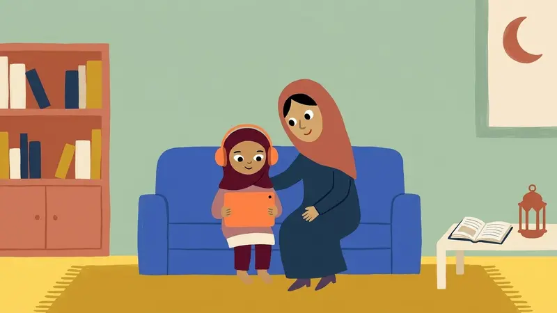 A mother and her daughter on a blue sofa in a living room, the girl holding a tablet and wearing orange headphones, a bookshelf, a storybook and a lantern around them