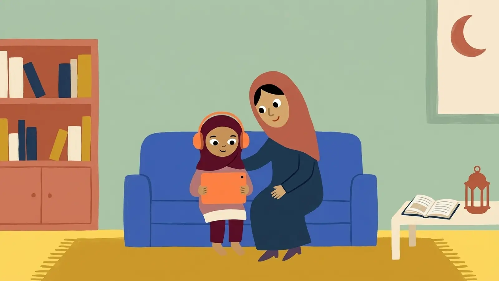 A mother and her daughter on a blue sofa in a living room, the girl holding a tablet and wearing orange headphones, a bookshelf, a storybook and a lantern around them