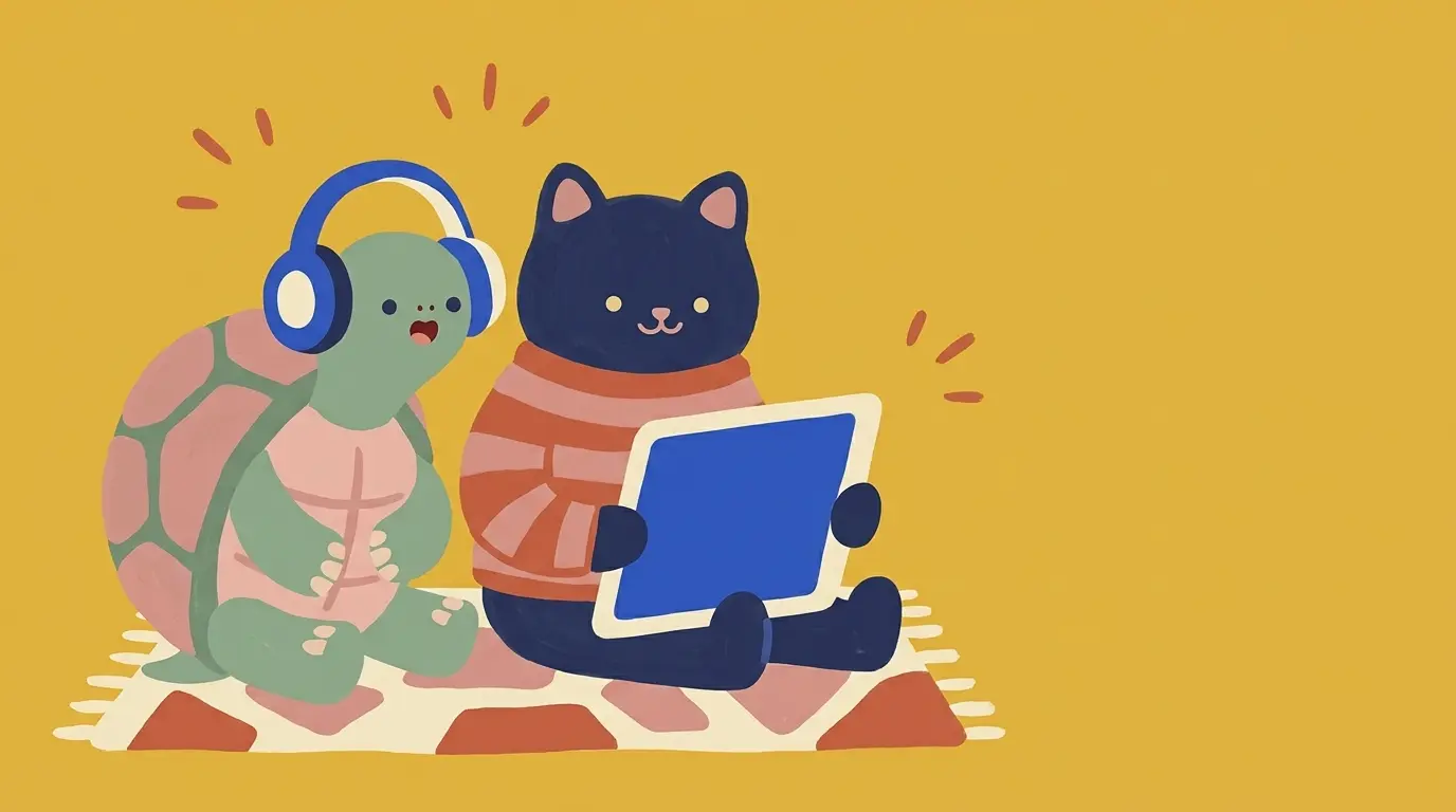 A tortoise in blue headphones and a cat in a striped jumper sitting on a rug, looking at one tablet together