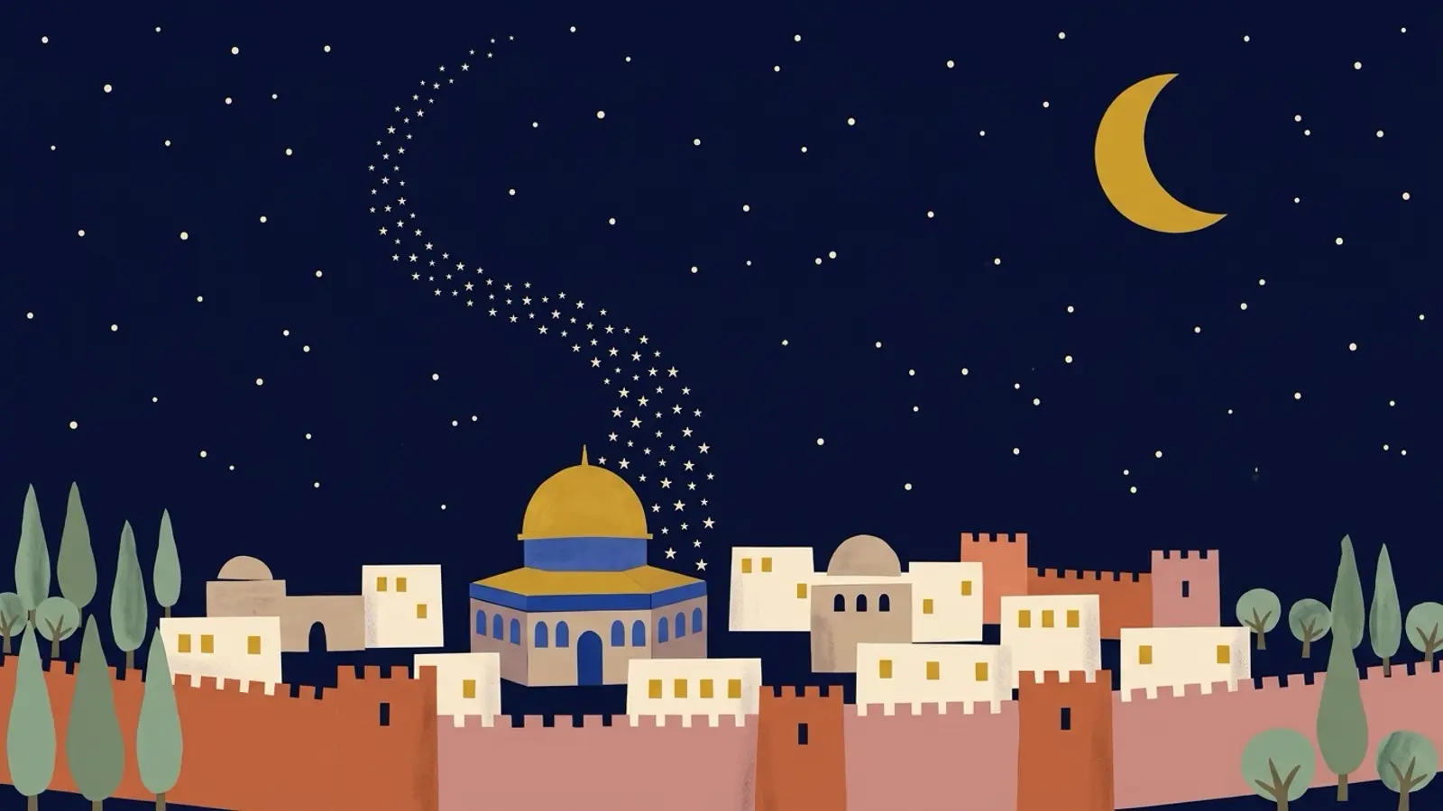A navy night sky full of stars over the golden dome and old stone walls of Jerusalem, with a crescent moon and a path of stars rising into the sky