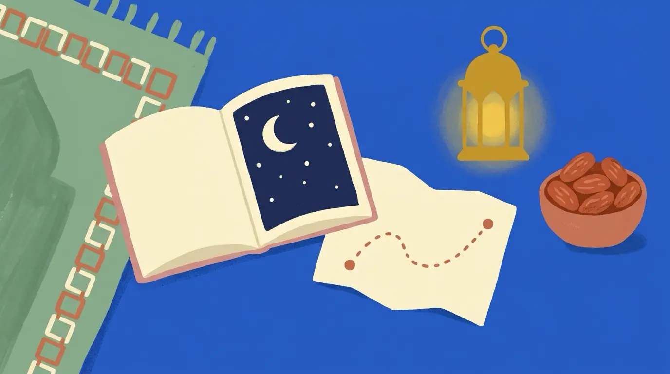 A flat-lay seen from above of a folded prayer mat, an open storybook with a starry sky, a paper map with a dotted line, a brass lantern and a small bowl of dates on a royal blue cloth