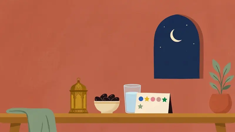 A lantern, dates, a glass of water and a child's fasting sticker chart on a low table before dawn, a crescent moon in the window