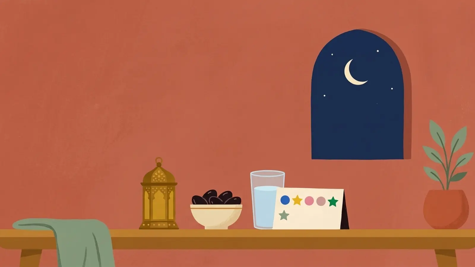 A lantern, dates, a glass of water and a child's fasting sticker chart on a low table before dawn, a crescent moon in the window