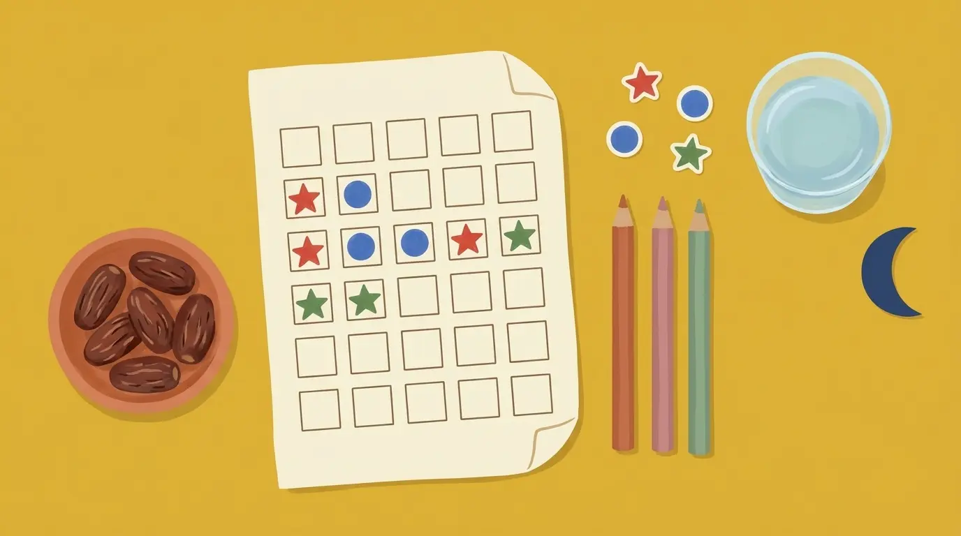 A child's paper fasting chart with star stickers, a bowl of dates, coloured pencils and a glass of water on a mustard cloth