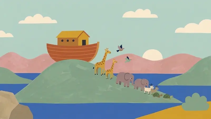 An ark resting on a green mountain top under a clearing sky after rain, with animals in pairs walking down the slope, water in the valleys below and a round green bush at the edge