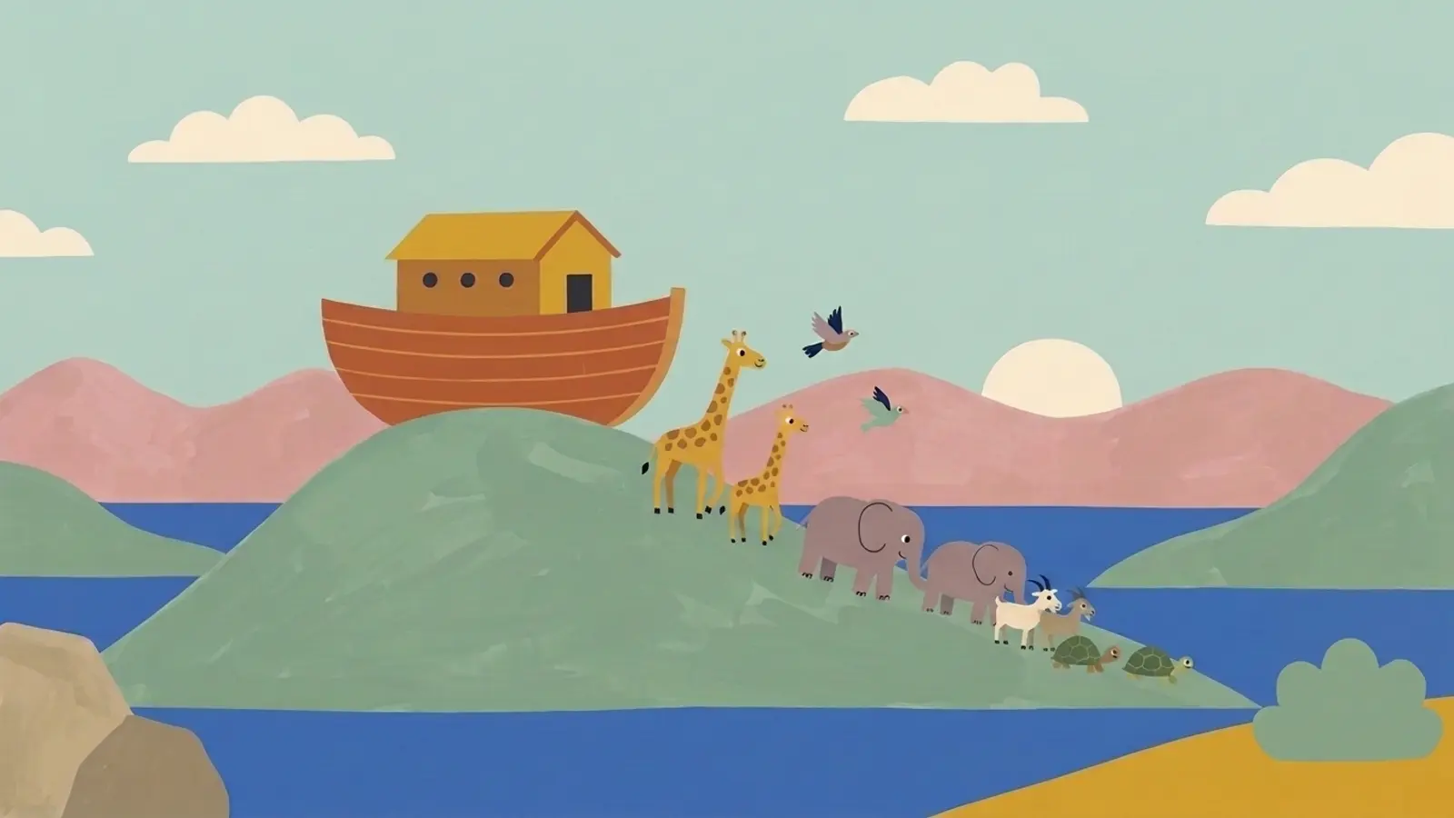 An ark resting on a green mountain top under a clearing sky after rain, with animals in pairs walking down the slope, water in the valleys below and a round green bush at the edge