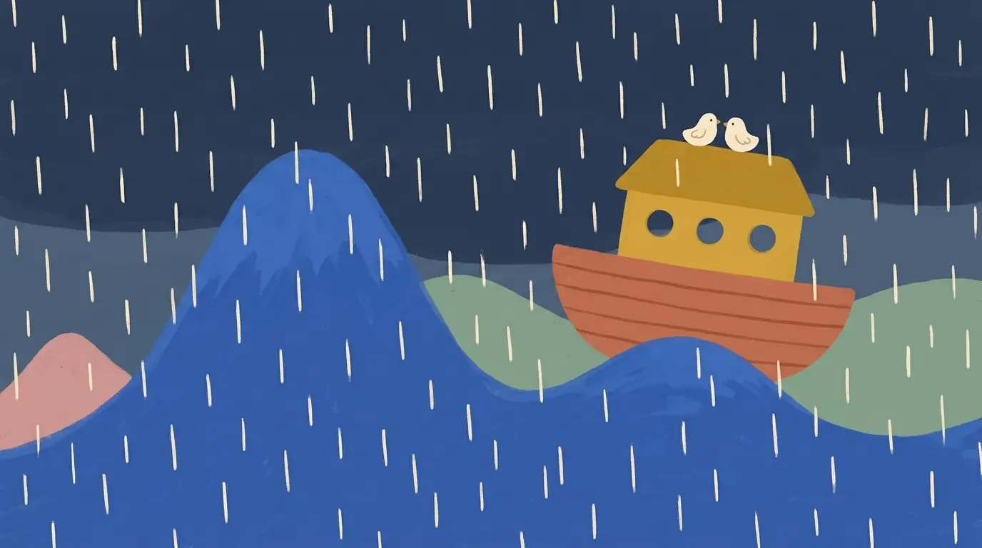 A terracotta wooden ark with a mustard cabin riding huge blue waves shaped like mountains under a navy sky full of rain, two small cream birds on its roof