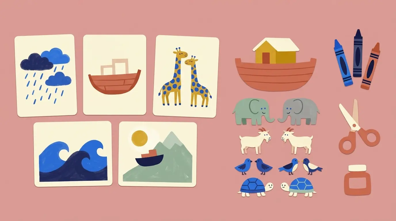Seen from above on a dusty pink table: five painted story cards (rain clouds, a half-built boat, two giraffes, big waves, a boat on a green mountain), a paper ark, paper animals in pairs, crayons, scissors and a glue pot